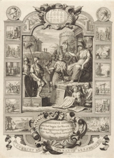 Cartouche with allegory of the Roman Empire, Title page front: Kornelis Westerbaen, Algemeene