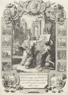 Cartouche with allegorical representation with portrait of Monarchy, Title page front: Kornelis