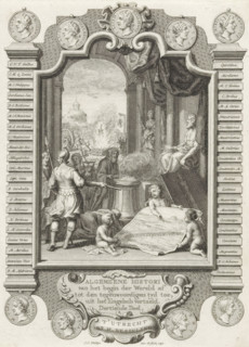 Cartouche with allegory on the history of the Romans, Title page before: Kornelis Westerbaen,