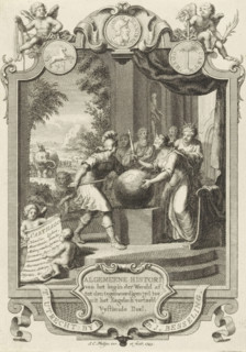 Title page for: Kornelis Westerbaen, Algemeene histori, 1749, Cartouche with allegory of Carthage,