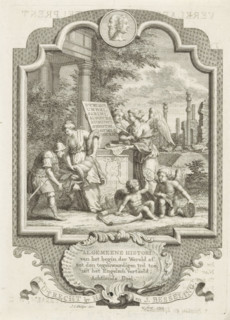 Title page for: Kornelis Westerbaen, Algemeene histori, 1752, Cartouche with allegory on the
