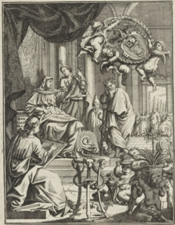 Allegorical figures and putti with the coat of arms of Leopoldina, print. A seated woman holds a