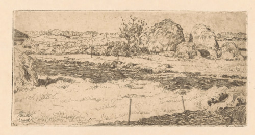 Field with haystacks, print, A piece of land fenced off with posts. On the left, part of a barn. In