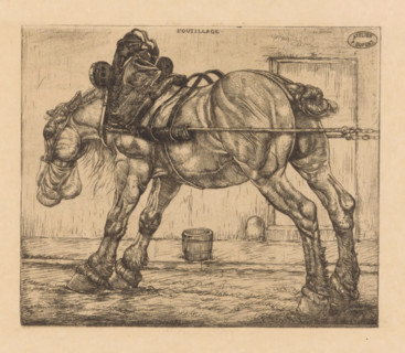 Draft horse with oat sack, L'Outillage (original series title on object), print, The horse is