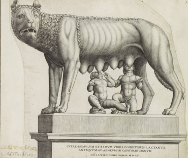 Lupae Romulum et Remum urbis conditiones la ctantis antiquum ac aeneum in Capitolio signum,