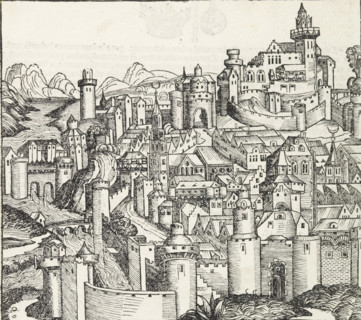 View of Pisa, Pisa, Liber Chronicarum, print, book illustration, pastedown, A view of a city. Here