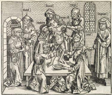Murder of Simon of Trent, Liber Chronicarum, print, album page, book illustration, The ritual