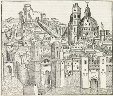 View of a city, Liber Chronicarum, print, album page, book illustration, A view of a city.,