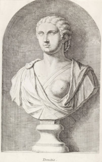 Bust of Domitia, Domitia, print, album page, Series number, 28, 98, Classical bust of a woman with