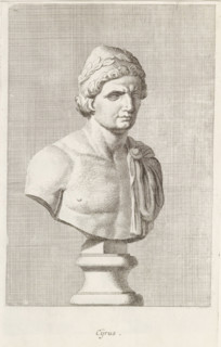 Bust of Cyrus, Cijrus, print, album page, Series number, 52, 98, Classical bust of a man with a