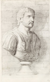 Bust of a man in armor, facing right, print, album page, Series number, 67, 98, with a series of