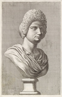 Bust of a woman with high hair, print, album page, Series number, 69, 98, with a series of prints