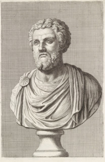 Bust of a bearded man in a toga, facing left, print, album page, Series number, 70, 98, with a