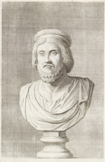 Bust of a man with a priestly crown, print, album page, Series number, 72, 98, with a series of