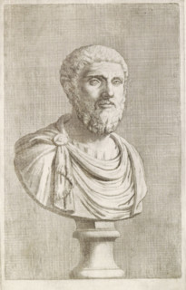 Bust of a bearded man in a toga, facing right, print, album page, Series number, 73, 98, with a