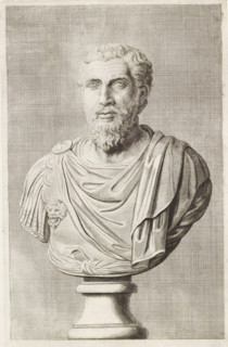 Bust of a bearded man in breastplate, from the front, print, album page, Series number, 74, 98,