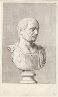 Bust of a man with breastplate, facing right, print, album page, Series number, 85, 98, with a