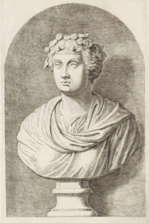 Bust of a woman with a wreath in her hair, print, album page, Series number, 92, 98, with a series