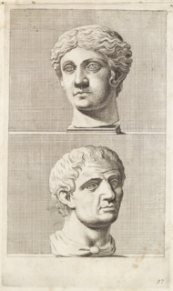 Bust of a woman and a man, print, album page, Series number, 97, 98, with a series of prints after