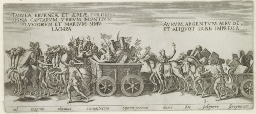 Triumphal procession with chariots carrying the spoils of war, Vel ingenio alicuius excogitatam