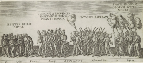 Triumph procession with prisoners, soldiers, lictors and priests, In vita Pauli aemilij Appianus