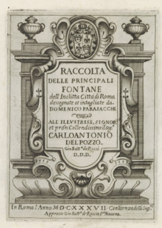 Title print with architectural cartouche with coat of arms, title and dedication, Fountains in
