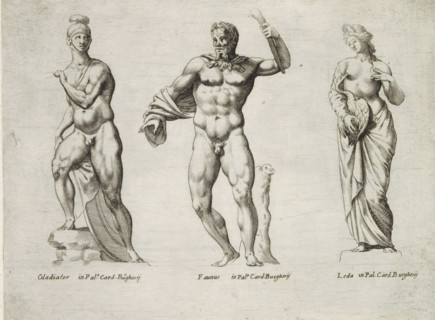 Sculptures of a gladiator, a faun and Leda with the swan, Sculptures from antiquity, print, album