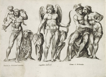 Sculptures of Bacchus, Cupid and Mercury and Venus as lovers, Sculptures from antiquity, print,