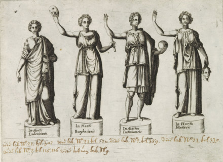 Sculptures of nymphs or muses, Sculptures from antiquity, print, album page, Four sculptures of