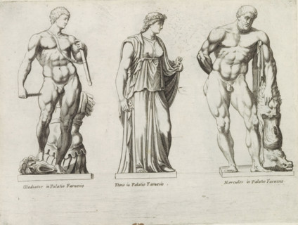 Sculptures of a gladiator, Flora and Hercules, Sculptures from antiquity, print, album page,
