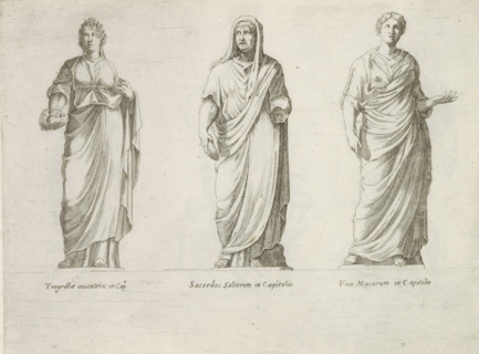 Sculptures of Tragedy, a Roman priest and a muse, Sculptures from antiquity, print, album page,
