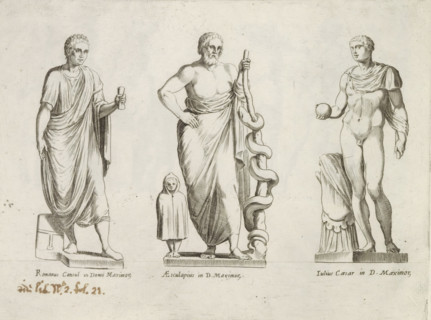 Sculptures of a Roman consul, Asclepius and Julius Caesar, Sculptures from antiquity, print, album