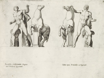 Sculptures of the Dioscuri with horses, Sculptures from antiquity, print, album page, Two statues