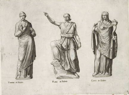 Sculptures of Pomona, Roma, and Ceres, Sculptures from Antiquity, print, album page, Captions in