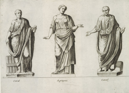 Sculptures of Roman consuls and Agrippina, Sculptures from antiquity, print, album page, Captions