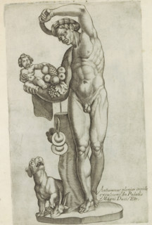 Sculpture of Autumnus, Sculptures from antiquity, print, album page, Caption in Latin. Print is