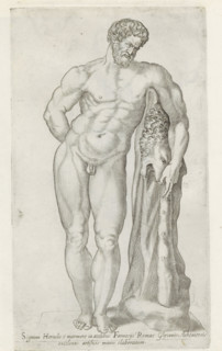Hercules Farnese, Sculptures from Antiquity, print, album page, Caption in Latin. Print is part of