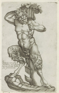 Sculpture of a satyr, Sculptures from antiquity, print, album page, Caption in Latin. Print is part