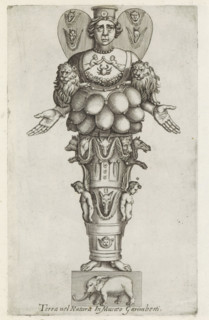 Sculpture of a fertility goddess with many breasts, Sculptures from antiquity, print, album page,