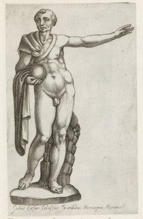 Sculpture of Julius Caesar, Sculptures from antiquity, print, album page, Caption in Latin. Print
