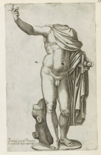 Sculpture of an unknown prince, Sculptures from antiquity, print, album page, headless. Caption in