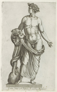 Sculpture of a nude figure with a snake, Sculptures from antiquity, print, album page, Caption in