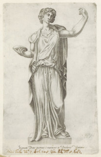 Sculpture of a goddess with a plate, Sculptures from antiquity, print, album page, Caption in Latin