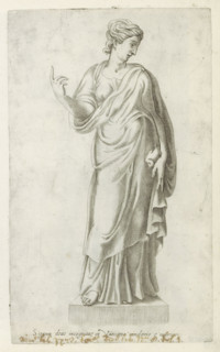 Sculpture of a goddess, Sculptures from antiquity, print, album page, Caption in Latin. Print is