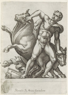 Sculpture of Hercules fighting the cattle of Geryon, Ancient sculptures, print, album page, Latin
