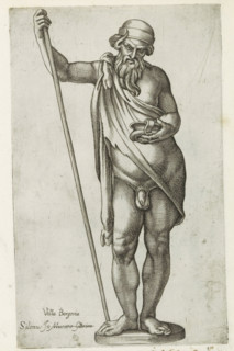 Sculpture of Silenus, Sculptures from antiquity, print, album page, Caption in Latin. Print is part