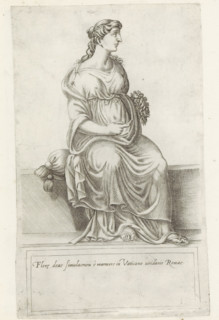 Sculpture of Flora, Sculptures from antiquity, print, album page, Caption in Latin. Print is part