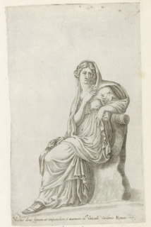 Sculpture of a Vestal Virgin, Sculptures from antiquity, print, album page, Caption in Latin. Print