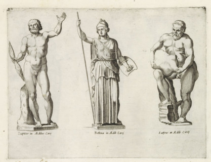 Sculptures of Jupiter, Bellona, and Silenus with a wineskin, Sculptures from antiquity, print,