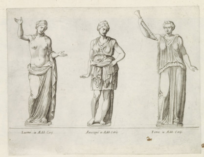 Sculptures of Lucina, an Amazon and Fame, Sculptures from antiquity, print, album page, Caption in